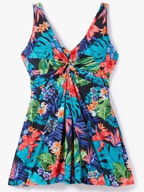 Swim 365 Women's Plus Size Twist-Front Tummy Control A-Line Swim Dress Size 16